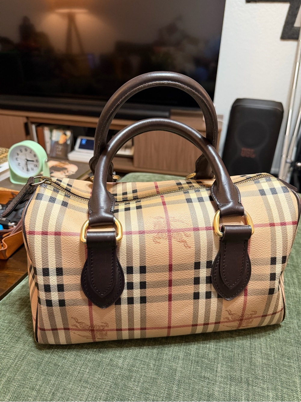 Burberry Haymarket check coated canvas bowling bag with chocolate brown leather